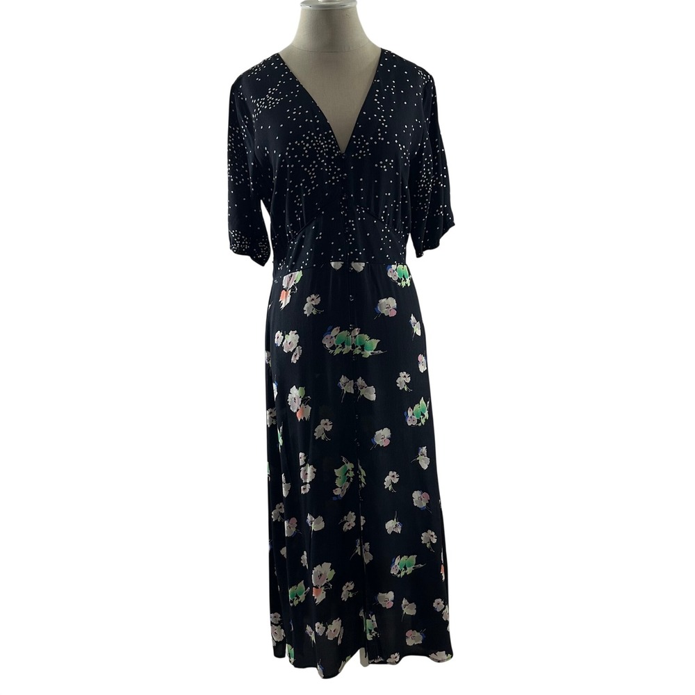 Oasis Womens Black Mixed Print Polka Dot Floral V-Neck Maxi Dress Size 10 US